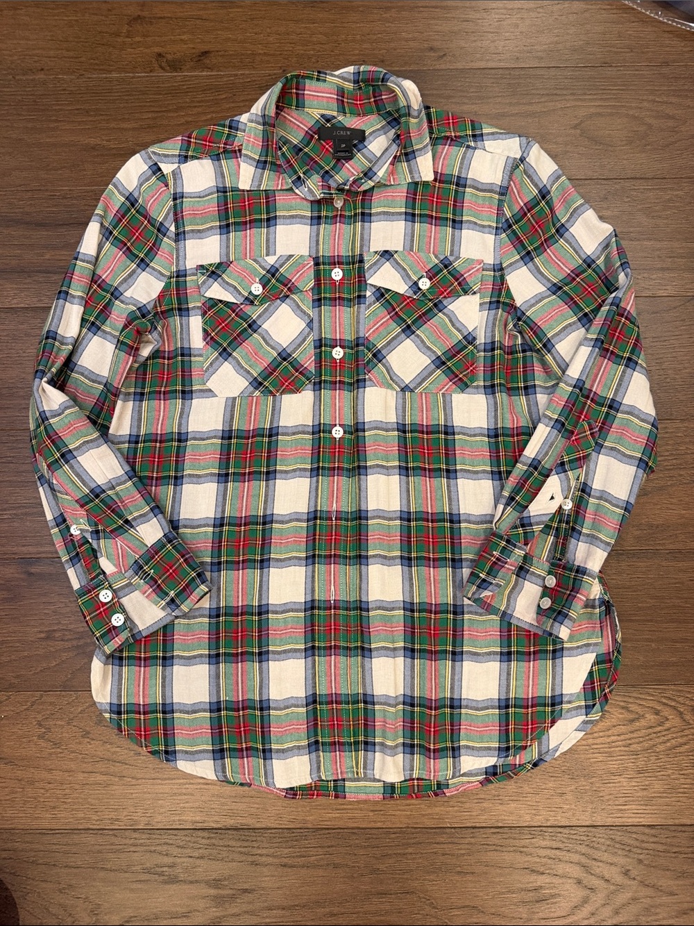 J. Crew Women’s Plaid Button-Down Shirt in Cream, Green & Red Size 2P - C69-117